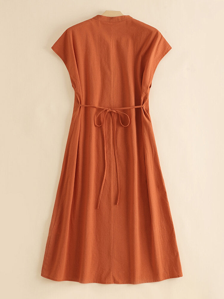 Solid Tie Back Button Front Short Sleeve Stand Collar  Women Dress