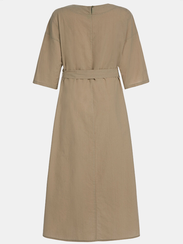 Vintage Solid 3/4 Length Sleeve Lace Knotted Elegant Women Dress