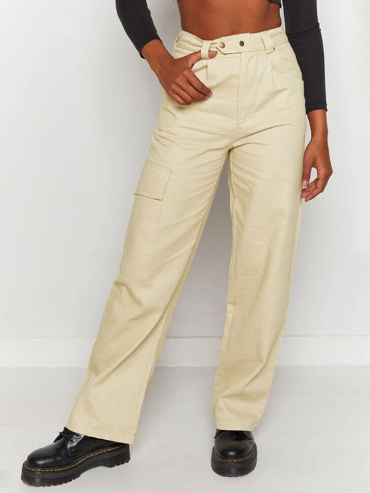 Women Solid Color Button Pocket Zip Front Loose Casual Pants