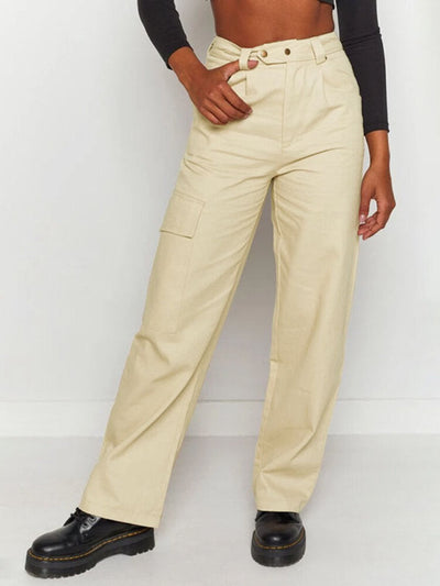 Women Solid Color Button Pocket Zip Front Loose Casual Pants