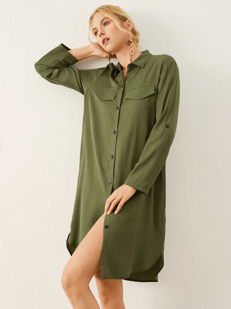 Solid Long Sleeve Button Front Lapel Women Dress