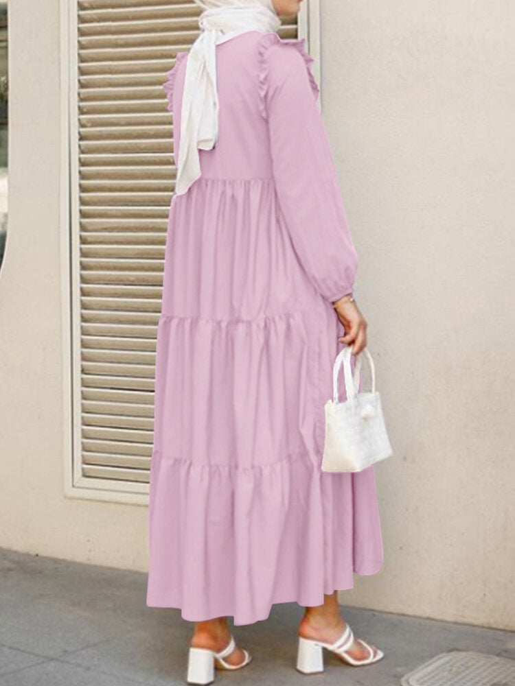Solid Color Layered Long Sleeve Pleated Women Dress