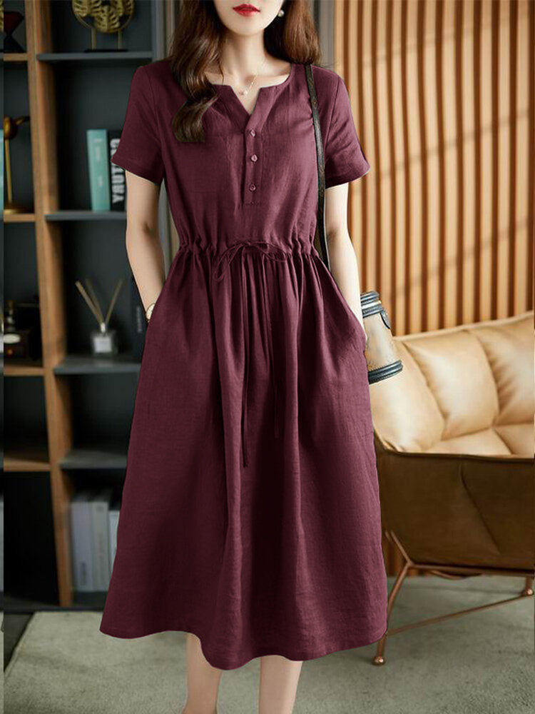 Solid Pocket Drawstring Waist Button Short Sleeve  Women Dress