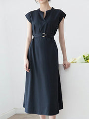 Solid Notch Neck Short Sleeve With Belt Women Dress