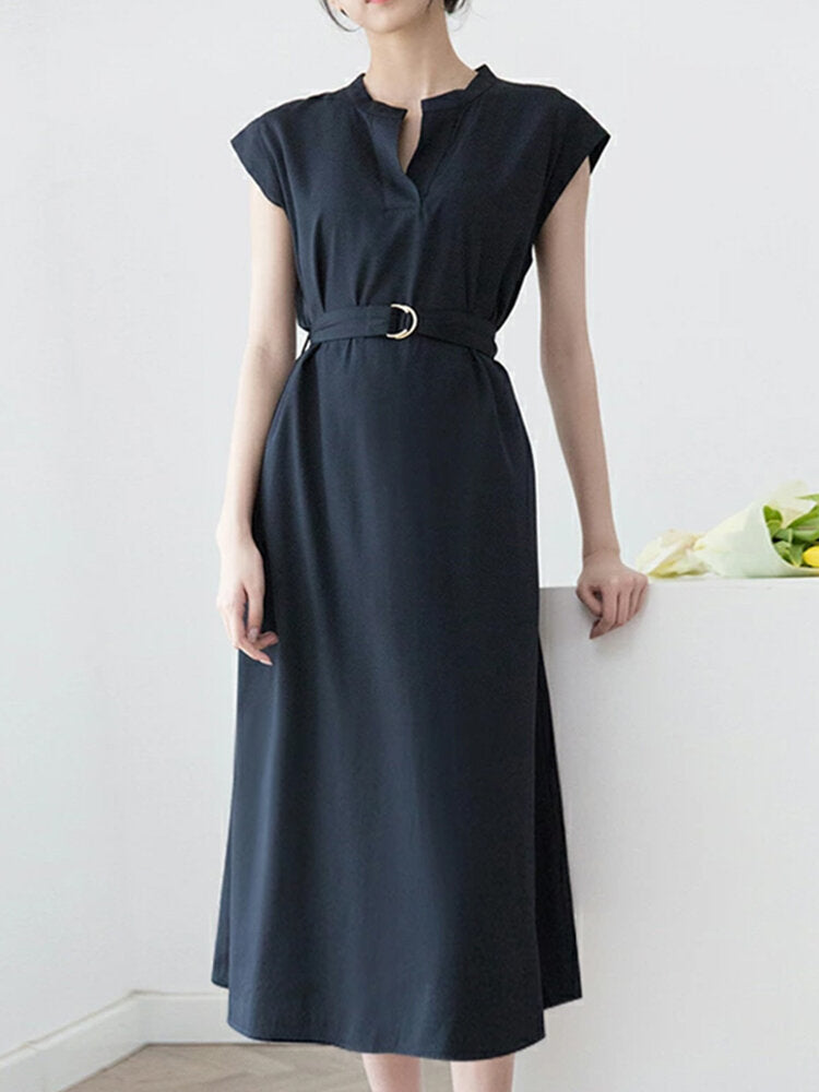 Solid Notch Neck Short Sleeve With Belt Women Dress