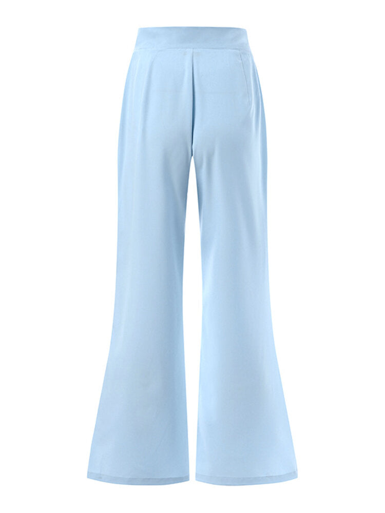 Solid Split Hem High Waist Pleats Full Length Pants