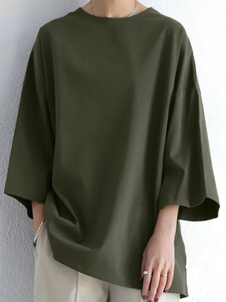 Solid Drop Shoulder Loose Crew Neck T-shirt For Women