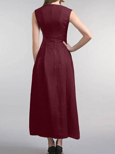 Women Solid Sleeveless Pocket Crew Neck Casual Dress