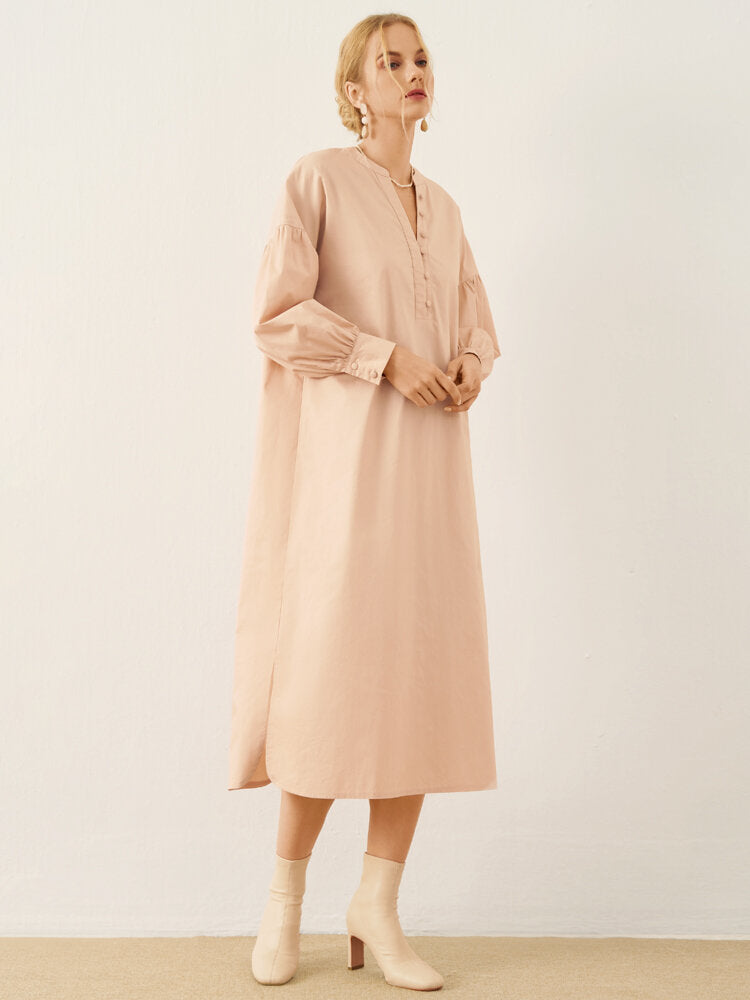 Solid Slit Hem Button Front Long Sleeve Stand Collar Women Dress