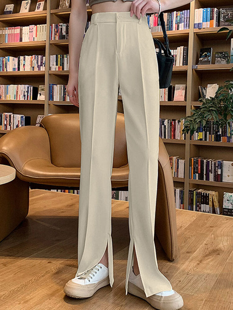 Solid Pocket High Waist Double Slit Hem Tailored Pants