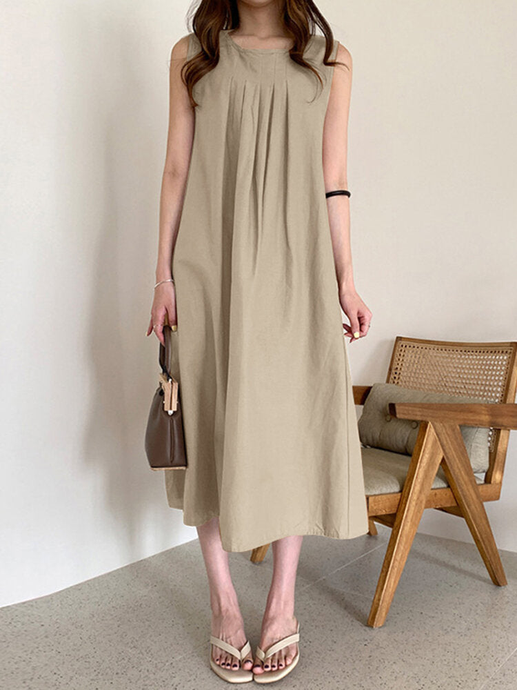 Solid O-neck Pleated Sleeveless Pocket Women Casual Dress
