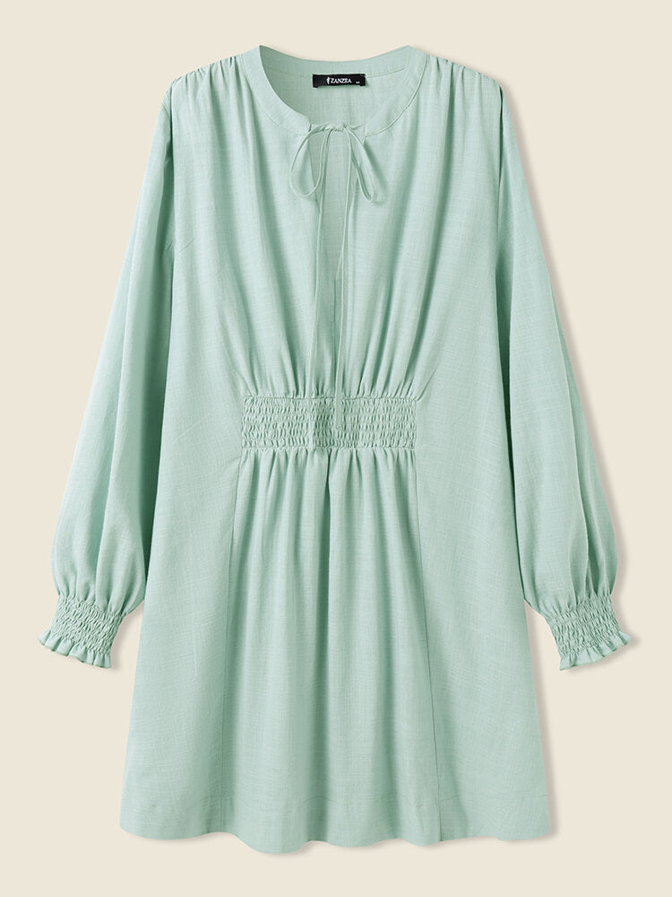 Solid Shirred Long Sleeve Knotted Front V-neck Women Dress