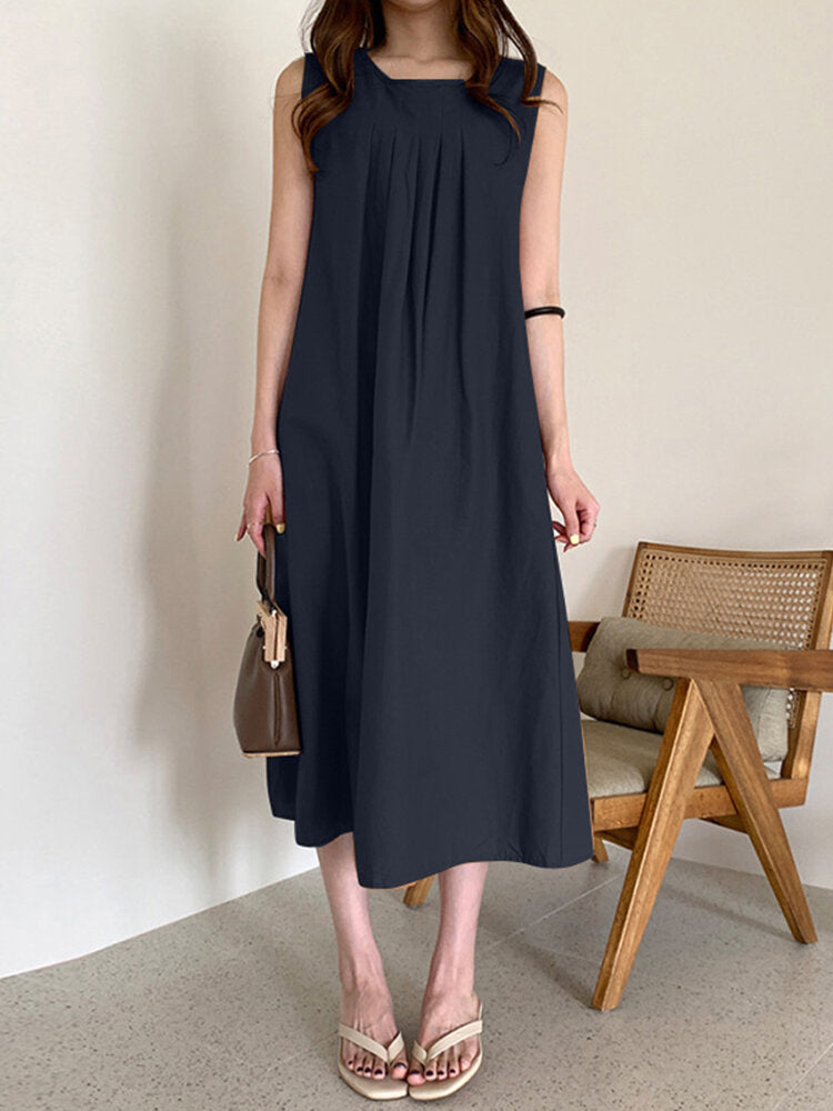 Solid O-neck Pleated Sleeveless Pocket Women Casual Dress