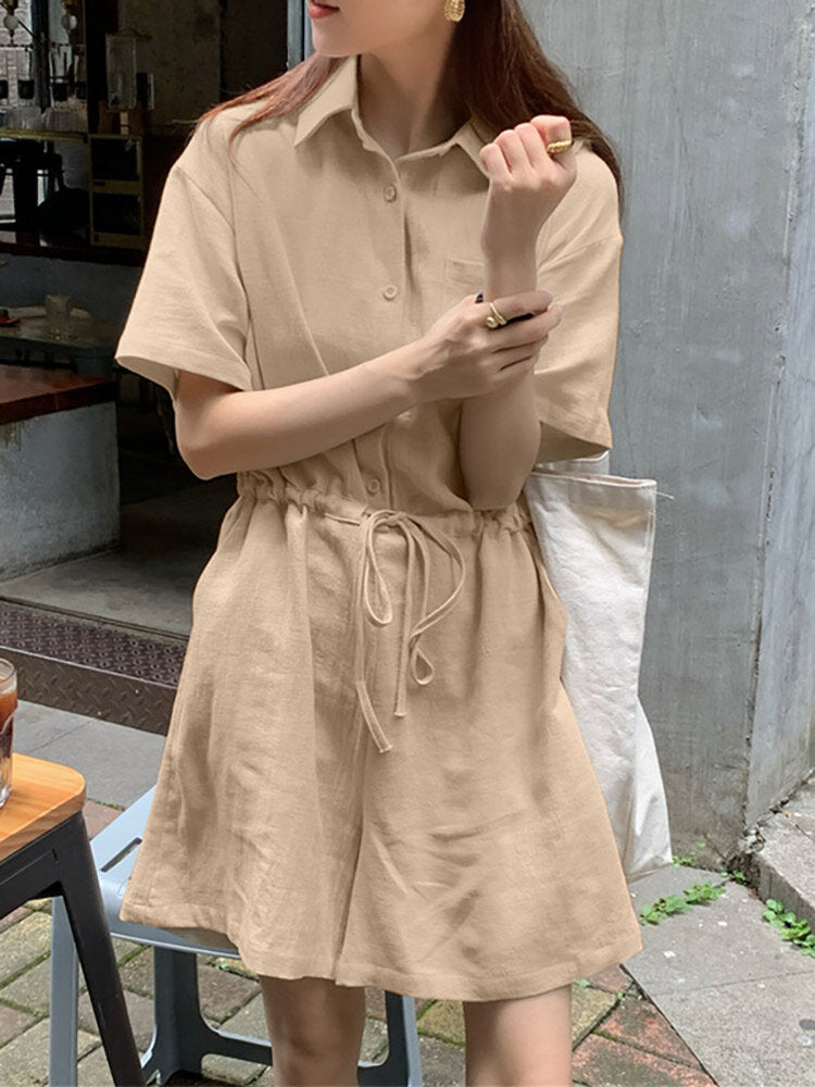 Solid Drawstring Waist Pocket Button Front Lapel Cargo  Women Romper