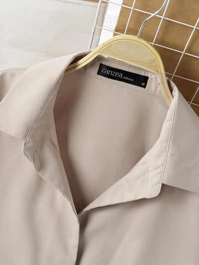Women Solid Color Lapel Casual Short Sleeve Shirt