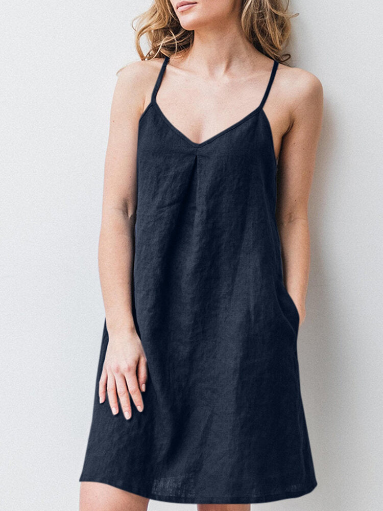 Solid Pocket Spaghetti Strap Backless Dress For Women