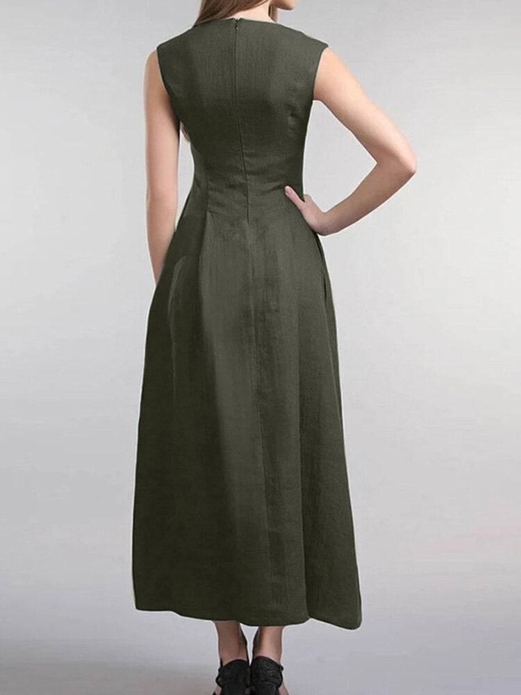 Women Solid Sleeveless Pocket Crew Neck Casual Dress