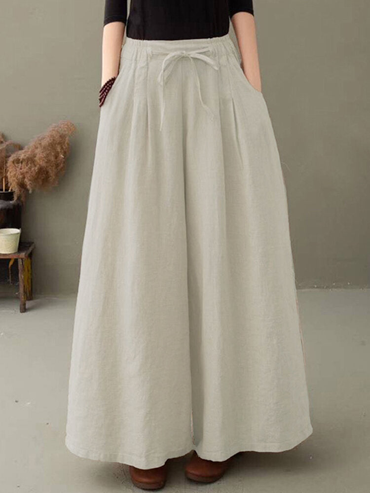 Solid Drawstring High Waist Pocket Wide Leg Pants