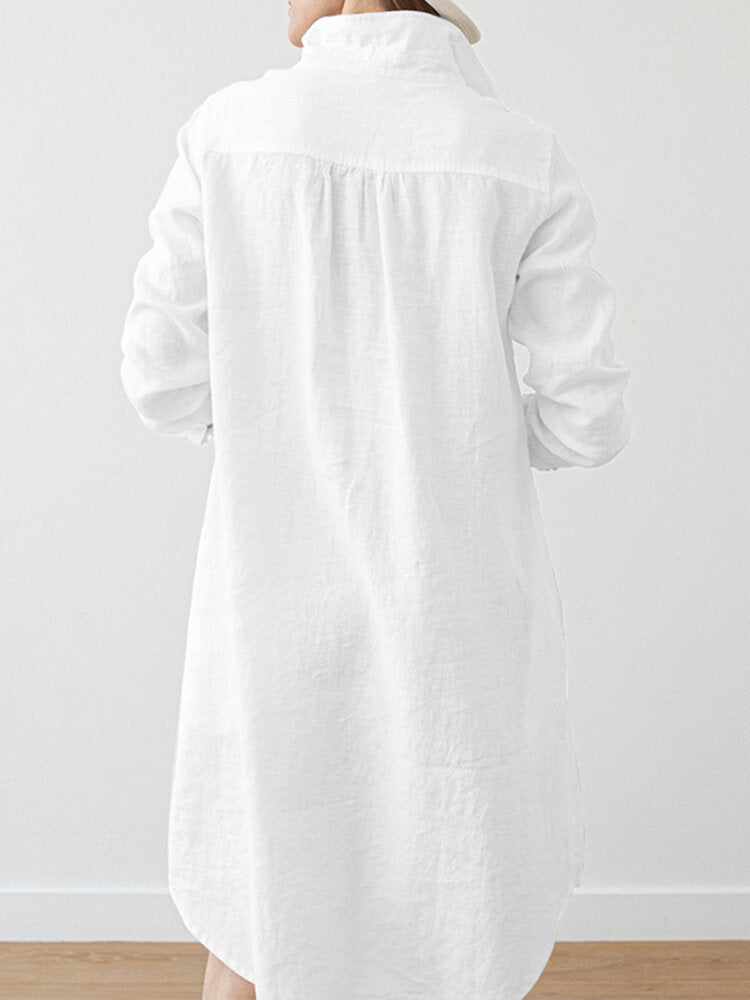 Women Solid Pocket Long Sleeve Lapel Vintage Dress