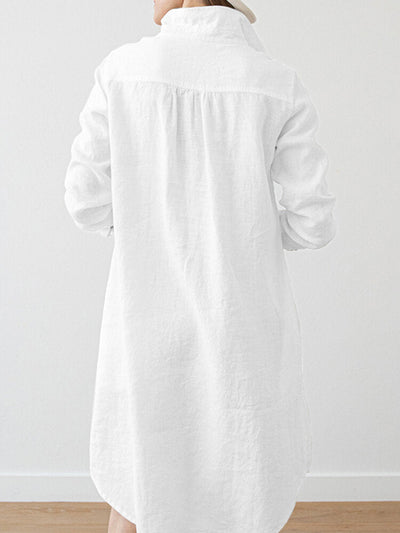 Women Solid Pocket Long Sleeve Lapel Vintage Dress