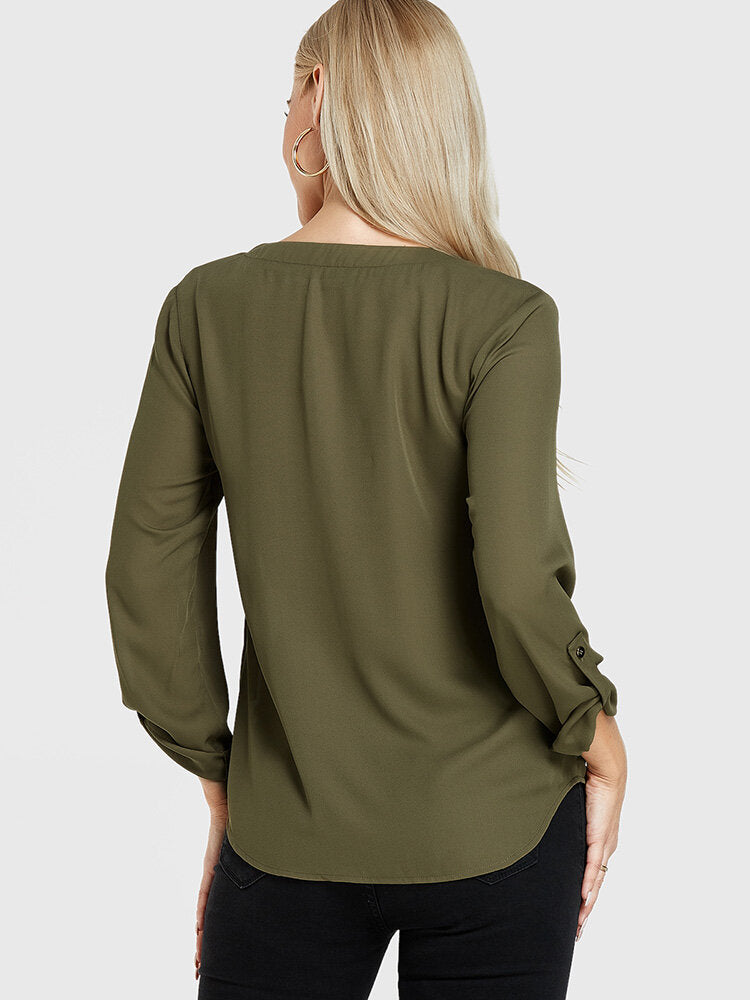 Solid Long Sleeve V-neck Casual Blouse