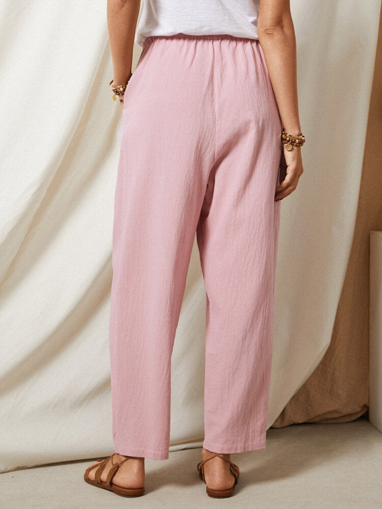 Solid Color Pleated Drawstring Elastic Waist Casual Pants With Pocket