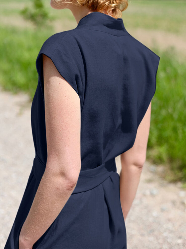 Solid Sash V Neck Pocket Sleeveless Casual Cotton  Women Jumpsuits