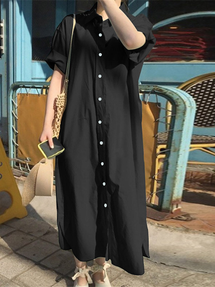 Solid Button Long Sleeve Lapel With Belt Women Dress