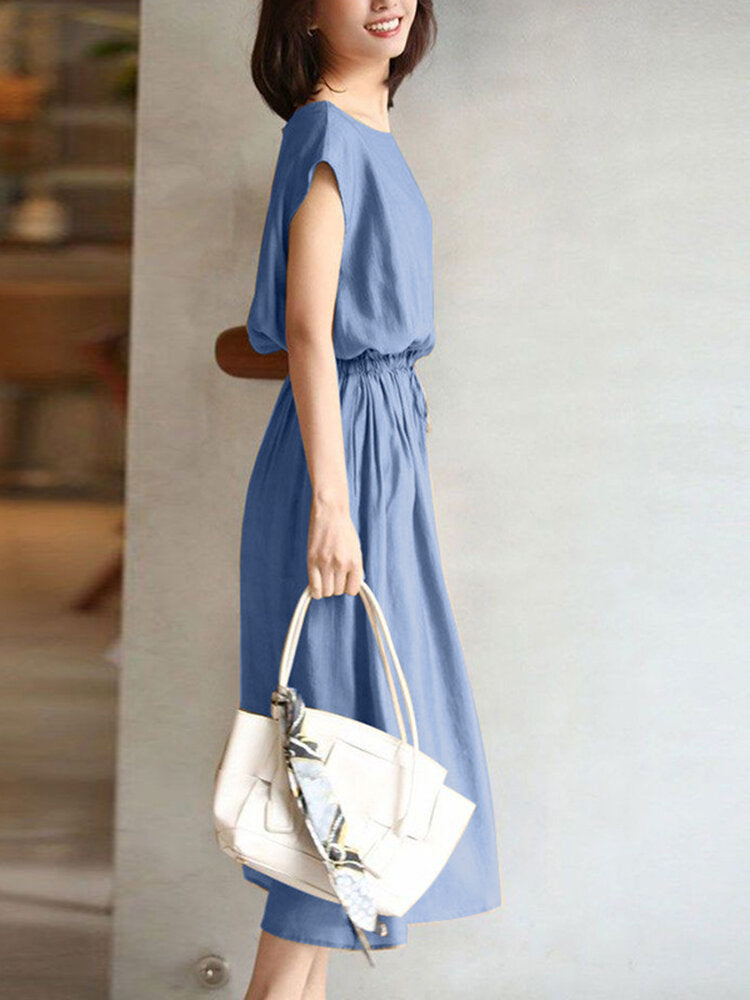 Drawstring Waist Pocket Solid Short Sleeve Casual Cotton Women Dress