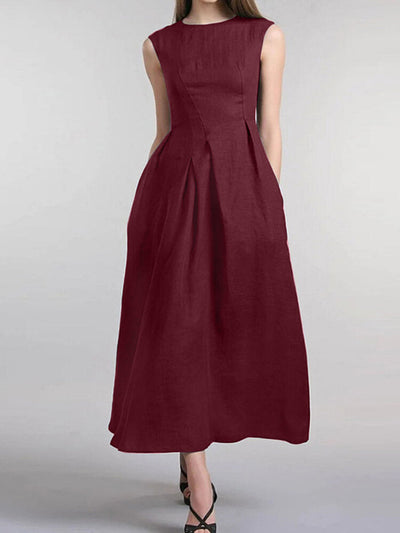 Women Solid Sleeveless Pocket Crew Neck Casual Dress