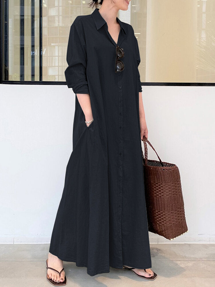 Solid Color Pocket Button Long Sleeve Casual Dress for Women