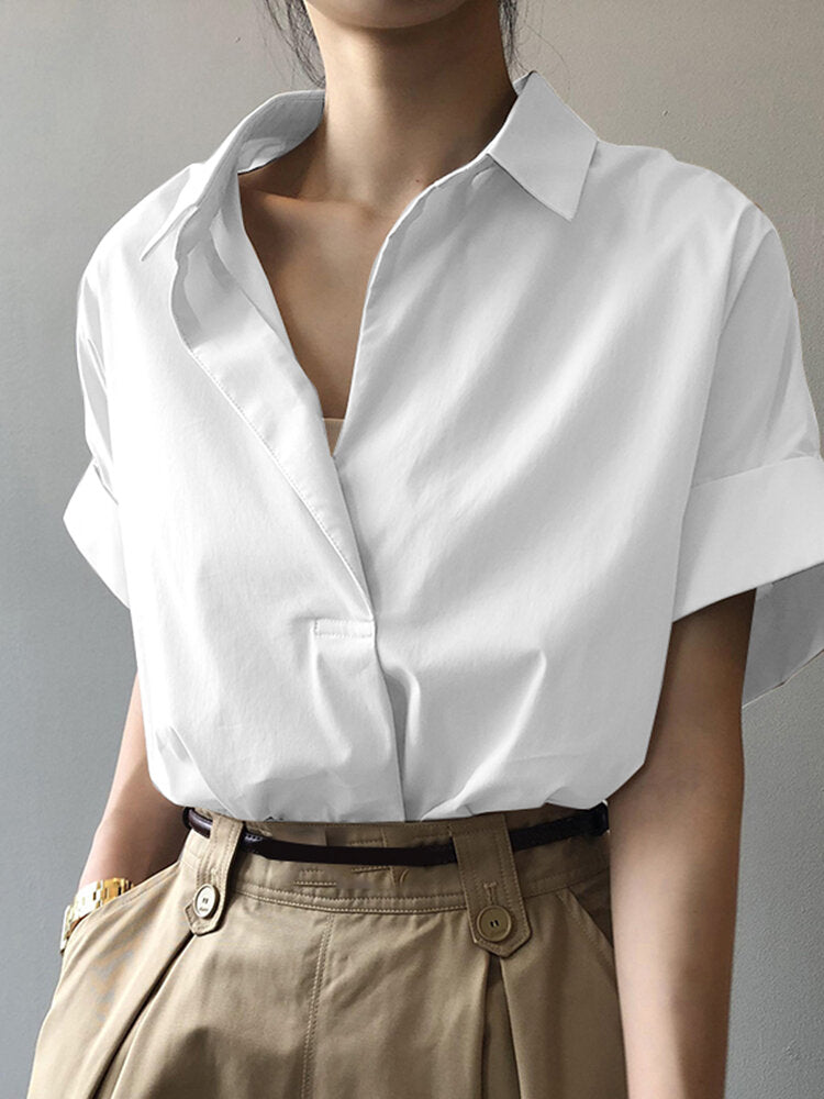Women Solid Color Lapel Casual Short Sleeve Shirt