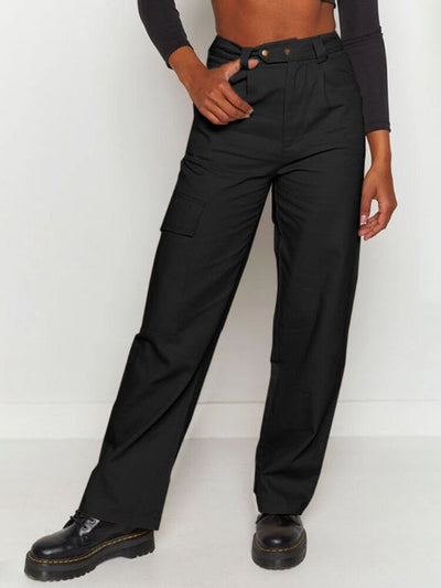 Women Solid Color Button Pocket Zip Front Loose Casual Pants