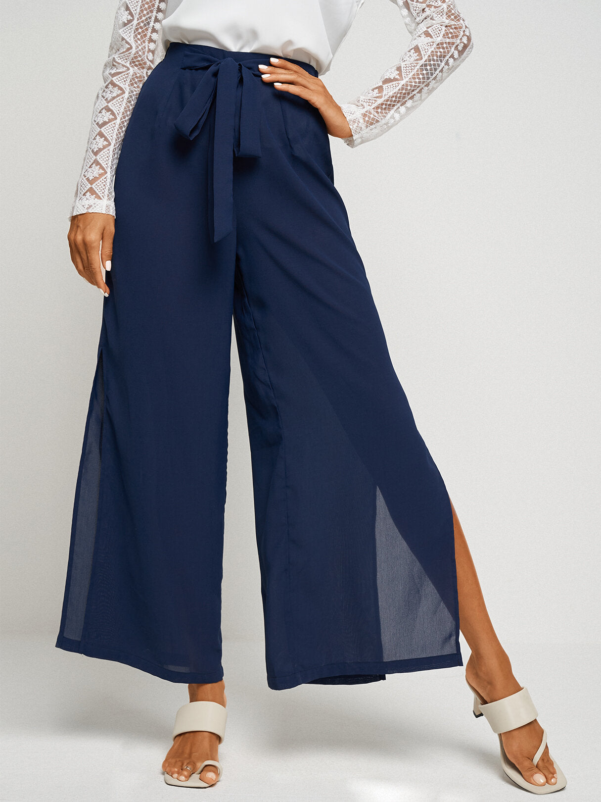 Solid Color Knotted Waist Slit Hem Wide Leg Pants