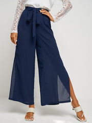 Solid Color Knotted Waist Slit Hem Wide Leg Pants