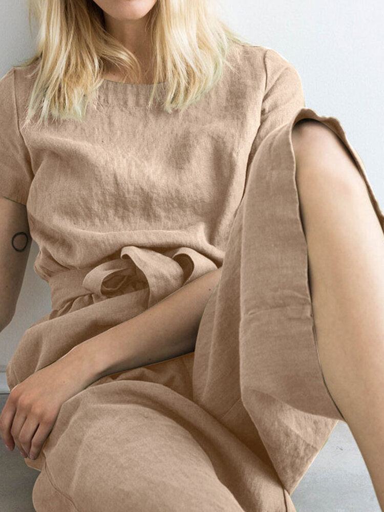 Solid Pocket Short Sleeve Wide Leg  With Belt Women Jumpsuits