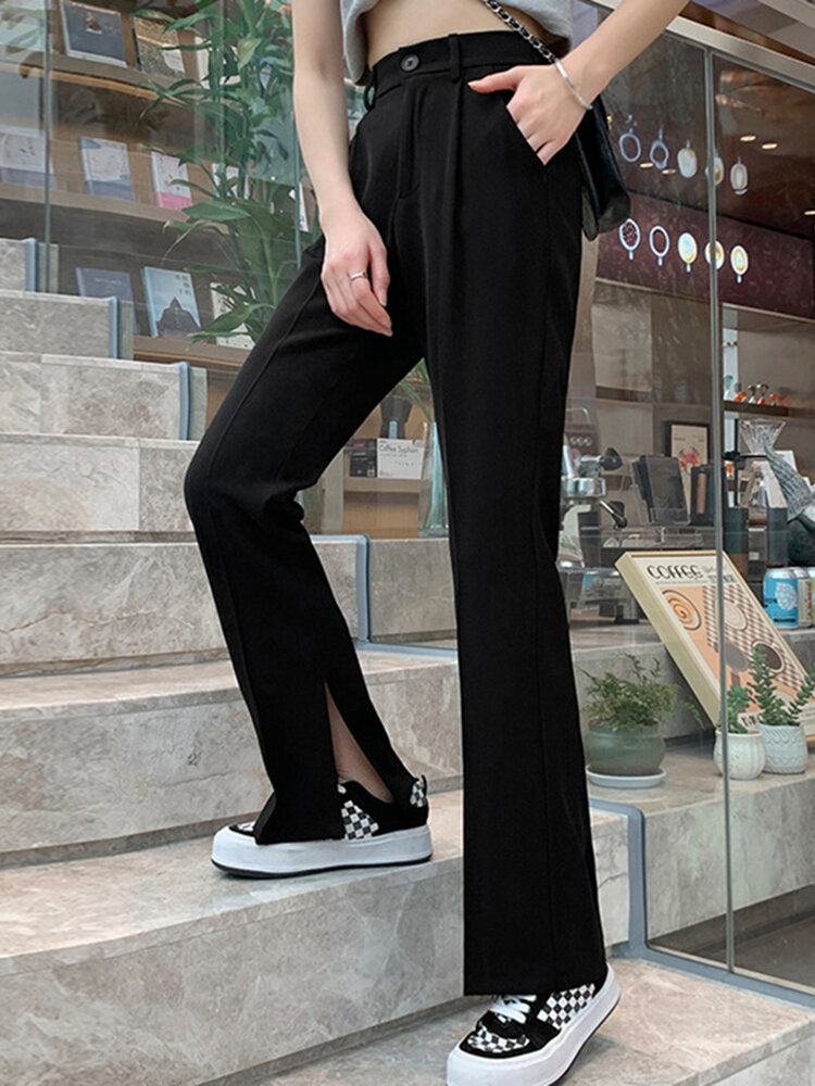 Solid Pocket High Waist Double Slit Hem Tailored Pants