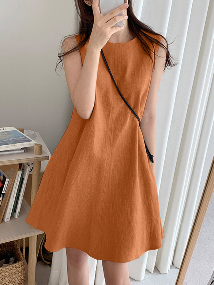 Solid Sleeveless A-Line Casual Cotton Midi  Women Dress
