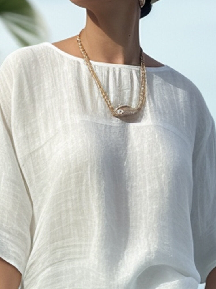 Women Solid Crew Neck Cotton Casual Half Sleeve Blouse