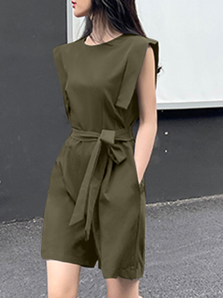 Solid Pocket Sleeveless Crew Neck  With Belt Women Romper