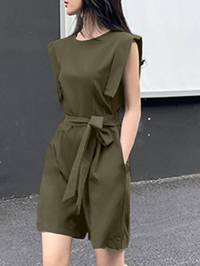 Solid Pocket Sleeveless Crew Neck  With Belt Women Romper
