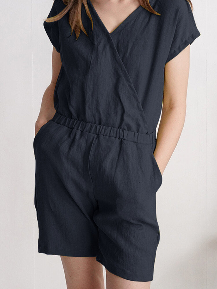 Solid Wrap V-neck Pocket Short Sleeve Casual  Women Romper