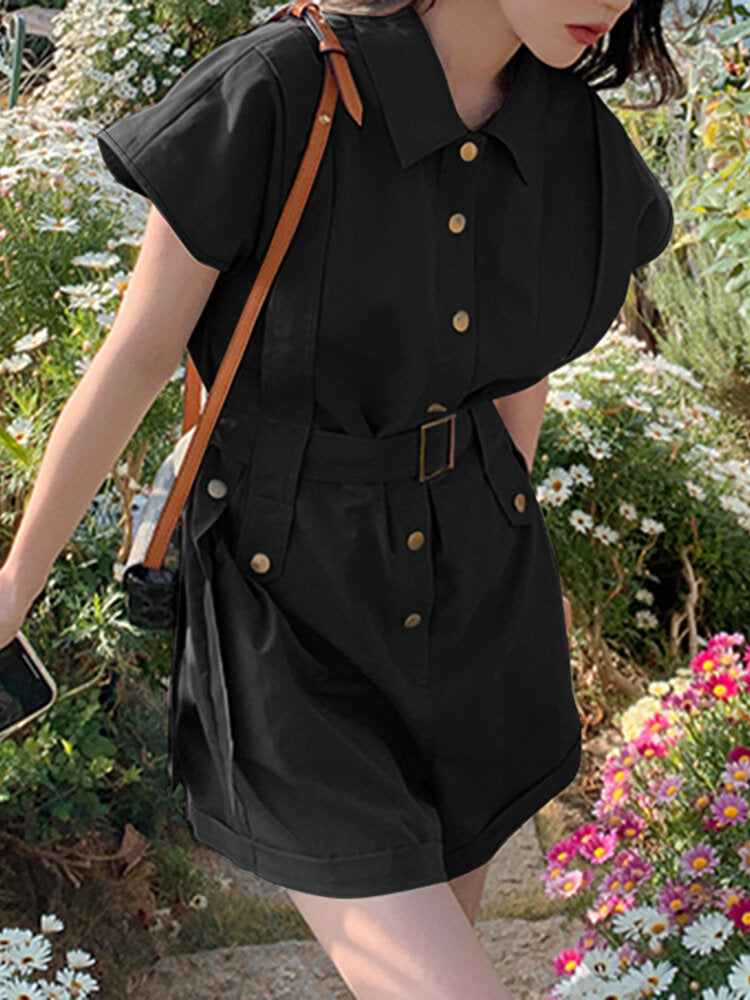 Solid Belt Button Front Pocket Short Sleeve Lapel Cargo  Women Romper