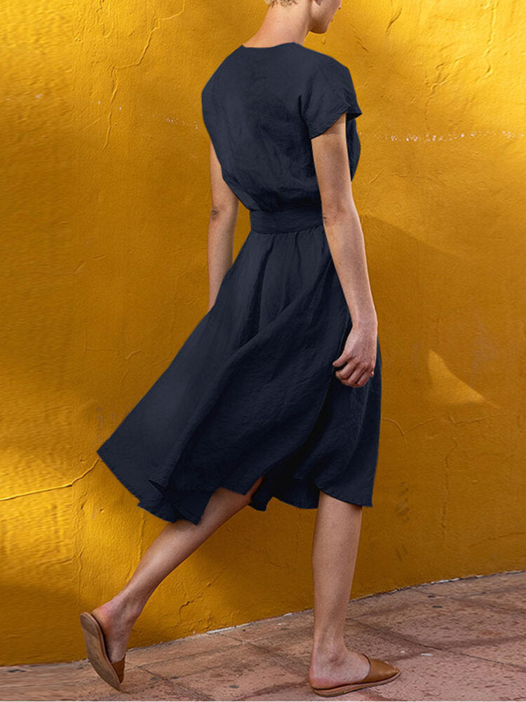 Short Sleeve Midi Dress with Belt and Pockets for Women