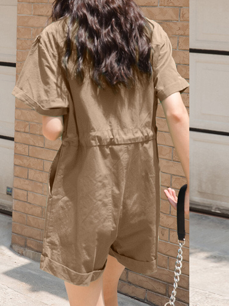 Solid Drawstring Waist Pocket Lapel Short Sleeve Cargo  Women Romper