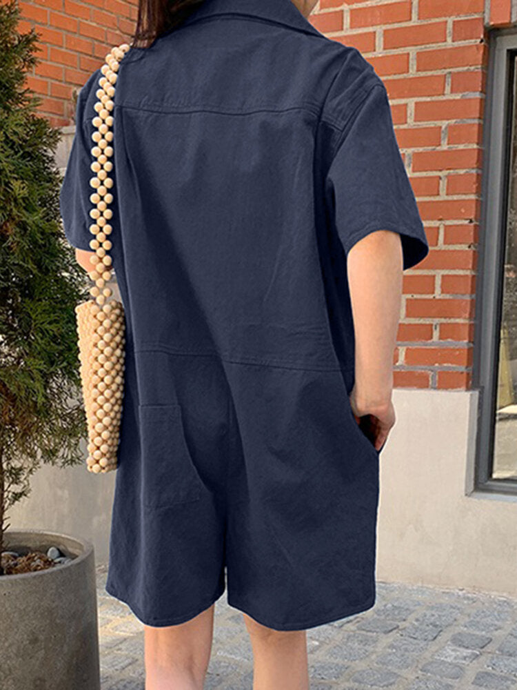 Solid Pocket Button Lapel Short Sleeve Casual Cotton  Women Romper