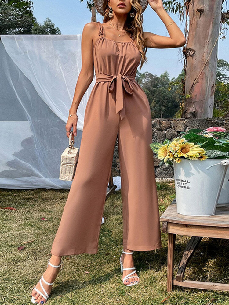 Solid Belt Tie Strap Hollow Wide Leg Jumpsuit For Women