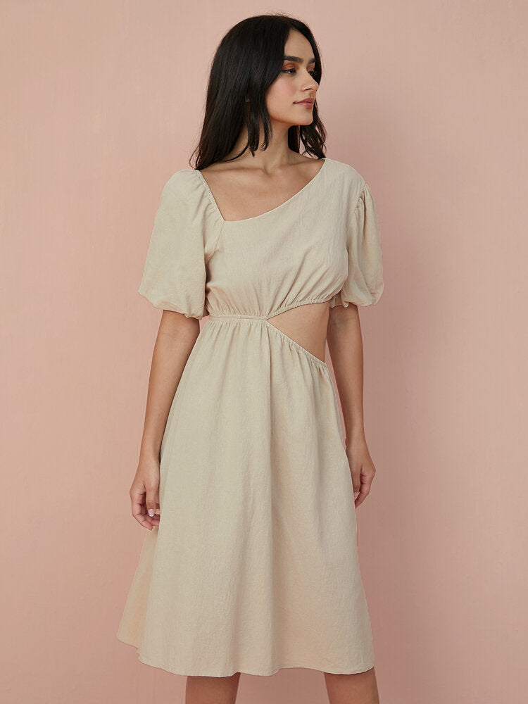 Solid Cut Out Asymmetrical Neck Puff Sleeve  Women Dress