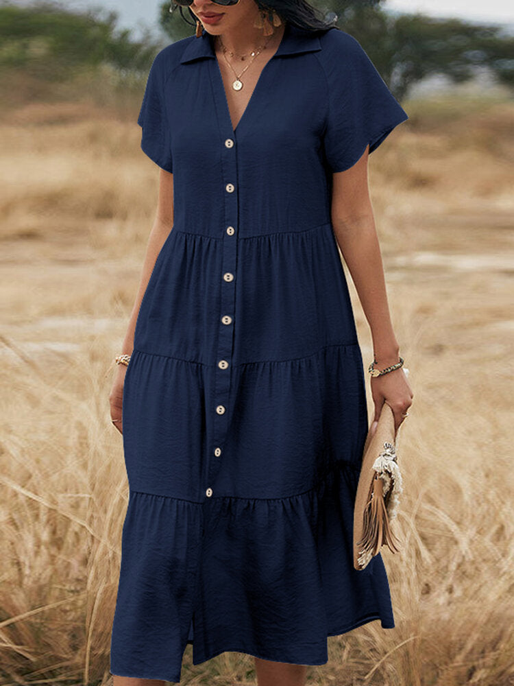 Solid Lapel Short Sleeve Button Front Casual  Women Dress