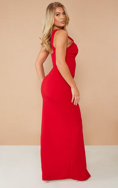 RED ONE SHOULDER CUT OUT CUP DETAIL MAXI DRESS
